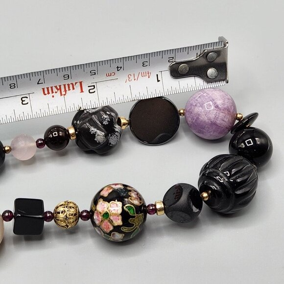 Stone Bead Necklace Rose Quartz Snowflake Obsidian Cloisonne Gradient 30" - Picture 13 of 13